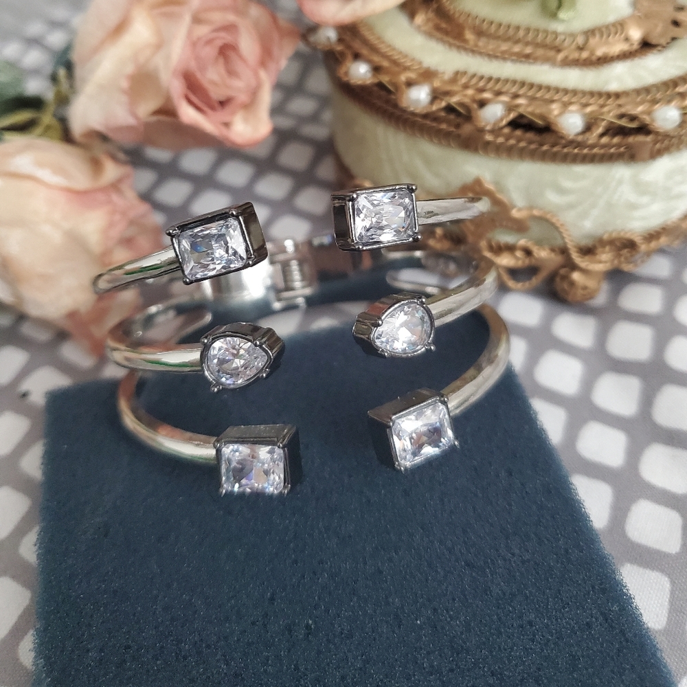 WHBM Silvertone and Hematite Cubic Zirconia Hinged Cuff Bracelet NWOT Stunning